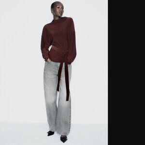ZARA WOMEN BROWN DRAPED TOP WITH BELT GARNET SIZE L NWOT